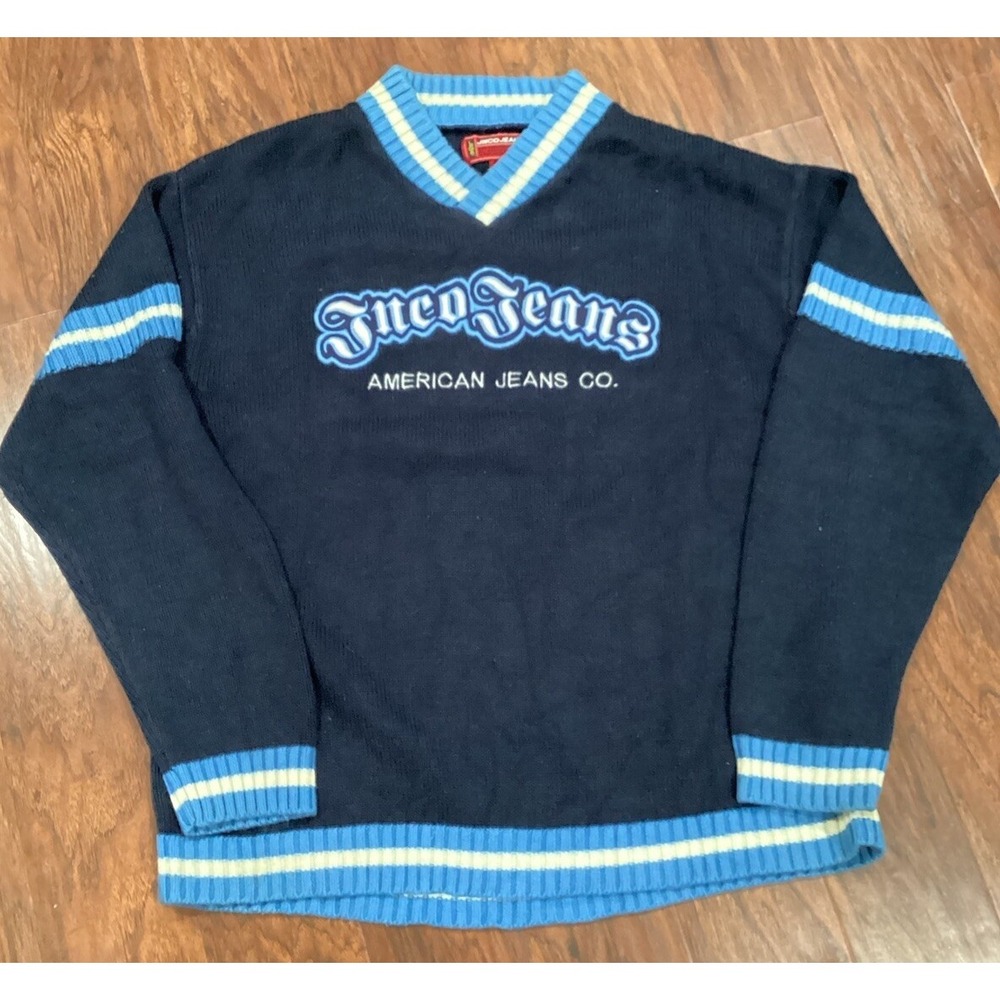 Vintage JNCO Jeans Knit Sweater Blue Acrylic Embroidered V-Neck Size XL Y2K